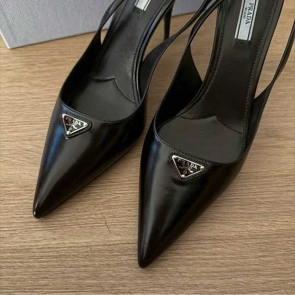 Prada Black Leather Slingback Stiletto Heels Size 40 - Picture 4 of 10